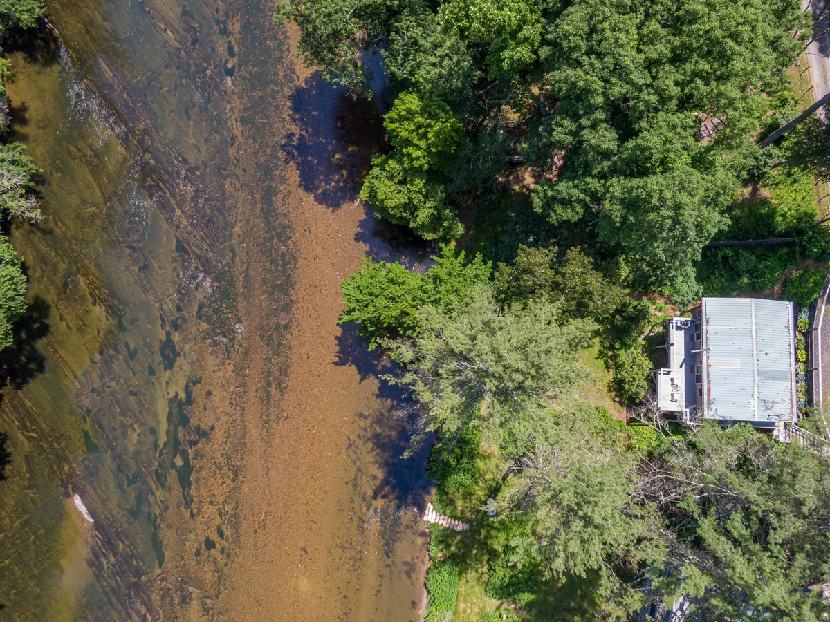 A panoramic view of the river as seen from the property, framed by trees and the house structure. The scene captures activities like kayaking and fishing, with the calm river inviting exploration. The mood is serene, hinting at both relaxation and adventure.